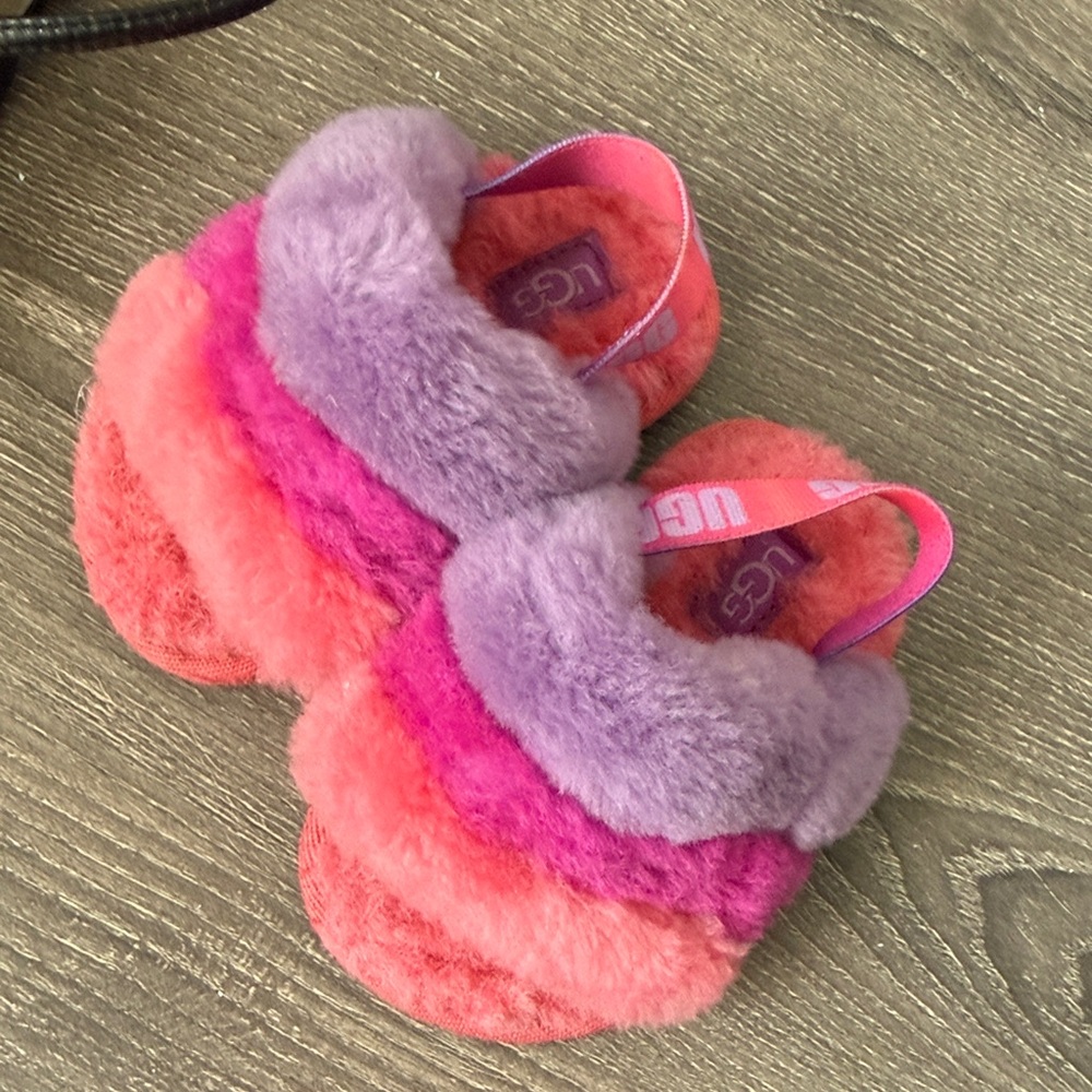 UGG Multicolor Fluff Slide Sandals in Lavender, Pink & Coral